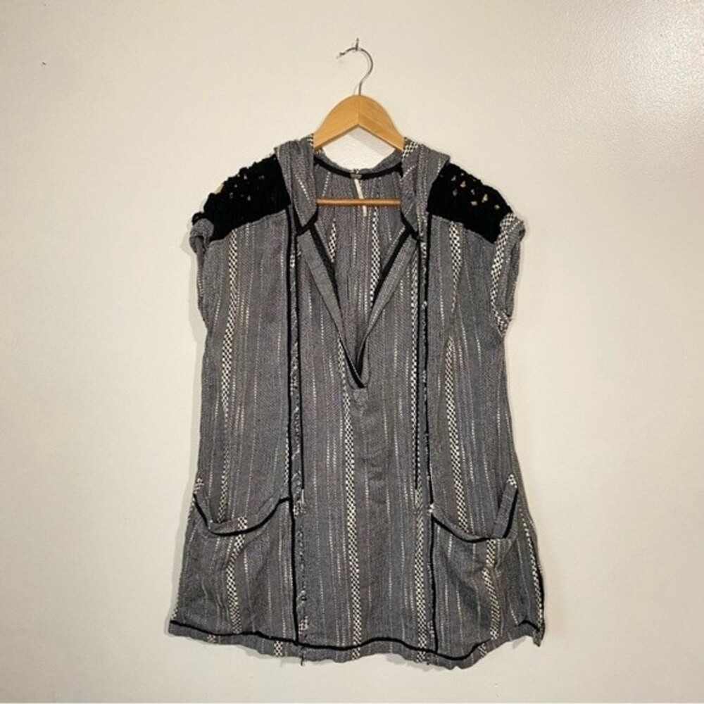 Free People Oversized Cotton Rayon Blend Black Distressed Hooded Poncho Coverups